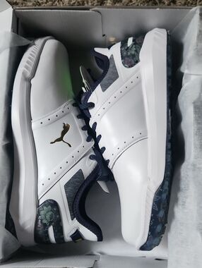 Puma White and Navy Golf Shoes with Gold Logo